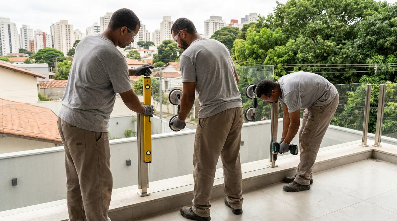 Guarda-corpo em terraço alto com vista cidade em Brasília-DF