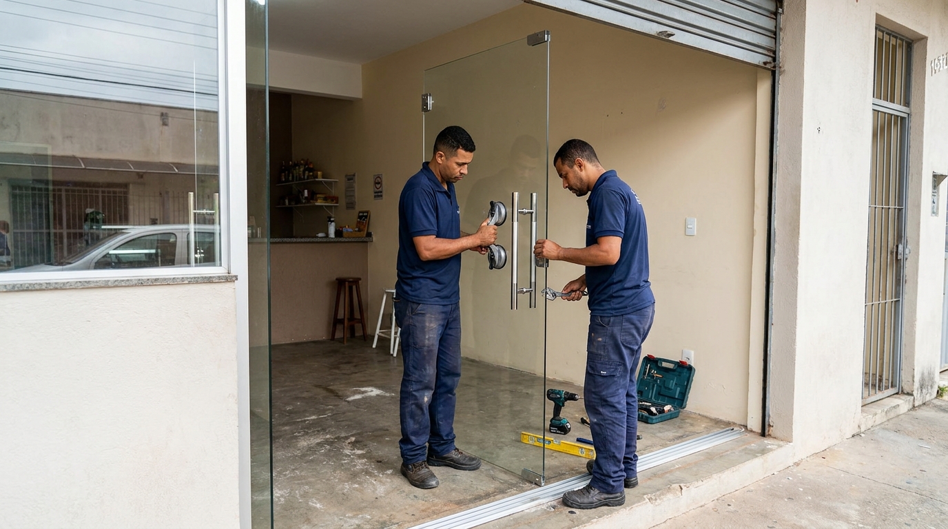 Dupla instalando porta de vidro em loja em Brasília-DF